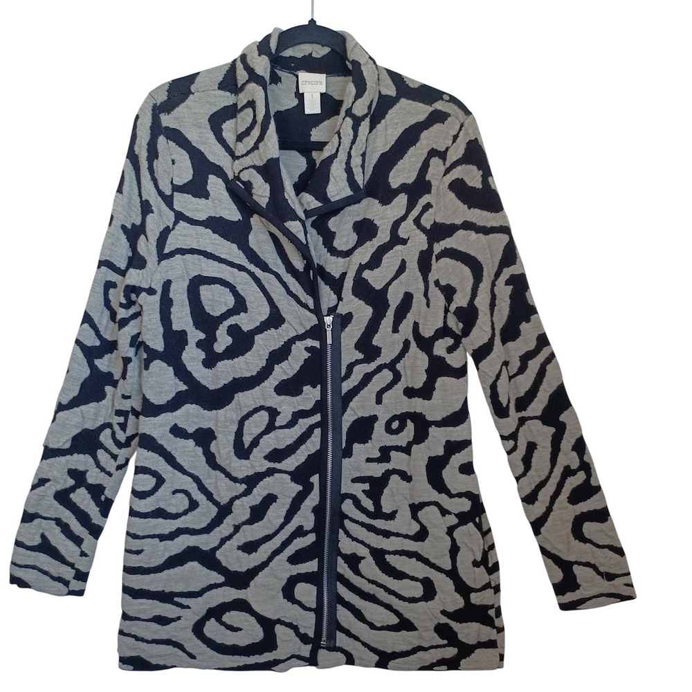 Chicos Gray Black Abstract Swirl Asymmetric Zip Wool Blend Cardigan Sweater Sz M